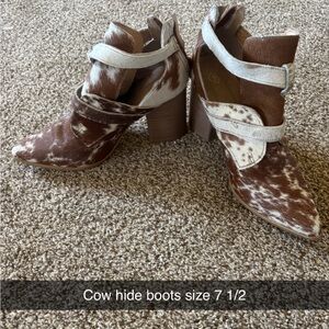 Cowhide Pointed Toe Strap Booties in Brown and White